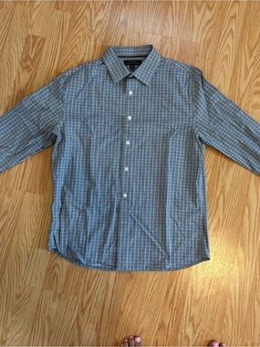 Men's Blue brown plaid Button-Down Shirt banana republic wrinkle resistant untuc